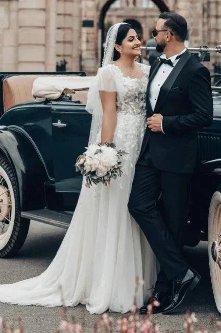 Elegant Long White A-line Square Neck Tulle Lace Wedding Dress with Short Sleeves by misshow.com