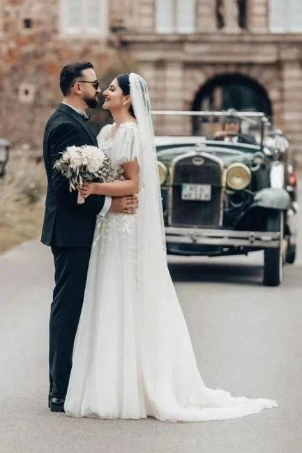 Elegant Long White A-line Square Neck Tulle Lace Wedding Dress with Short Sleeves by misshow.com