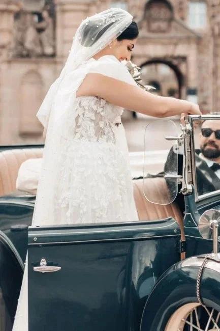 Elegant Long White A-line Square Neck Tulle Lace Wedding Dress with Short Sleeves by misshow.com