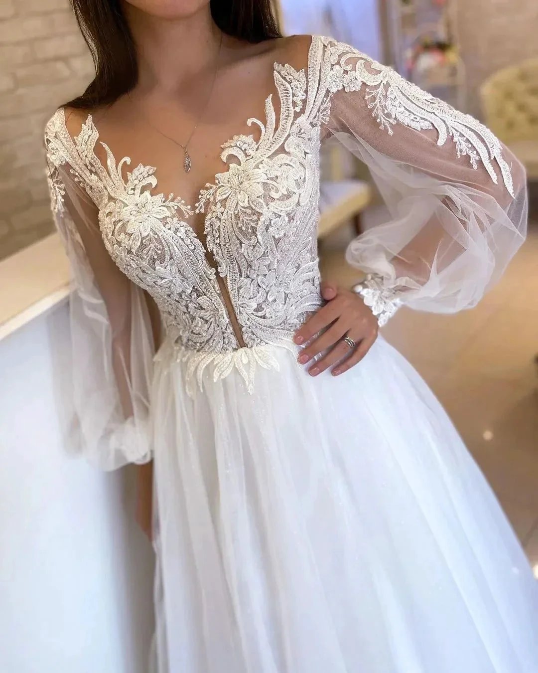 Elegant Long White A-line V-neck Tulle Long Sleeves Wedding Dress With Lace by misshow.com