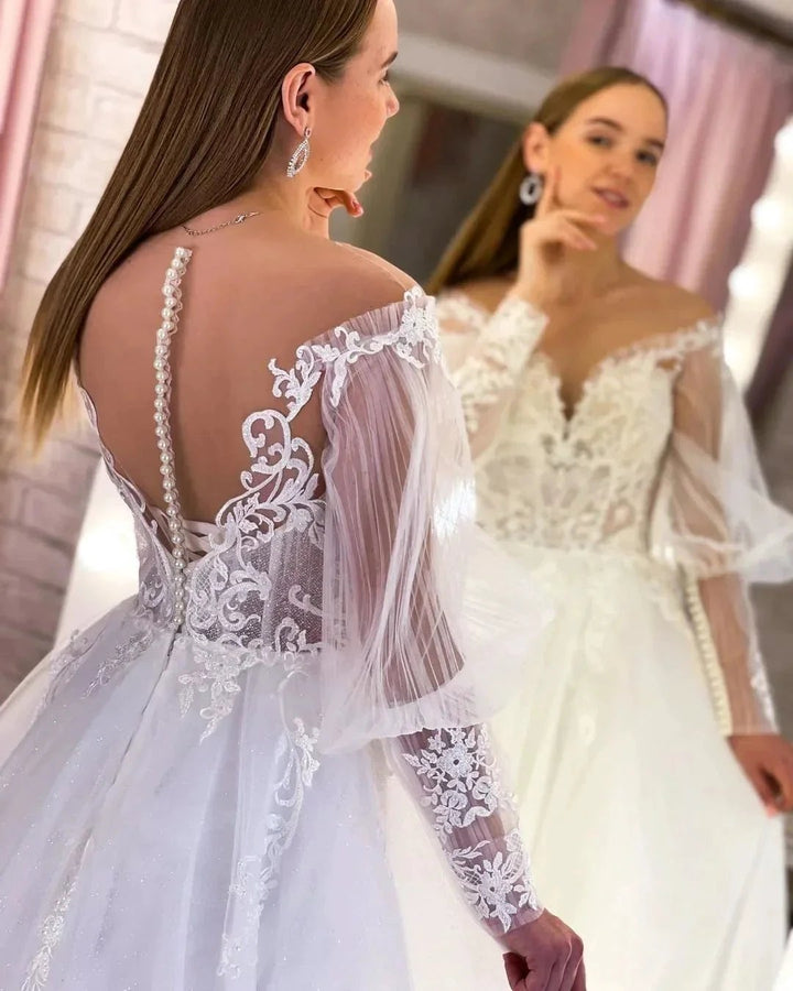Elegant Long White A-line V-neck Tulle Long Sleeves Wedding Dress With Lace by misshow.com