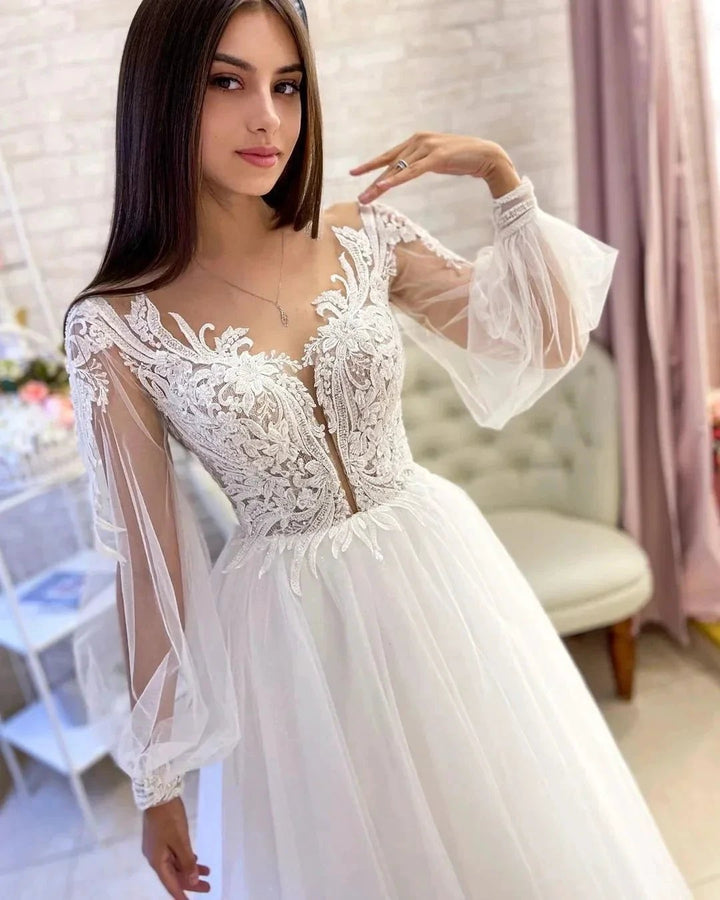 Elegant Long White A-line V-neck Tulle Long Sleeves Wedding Dress With Lace by misshow.com