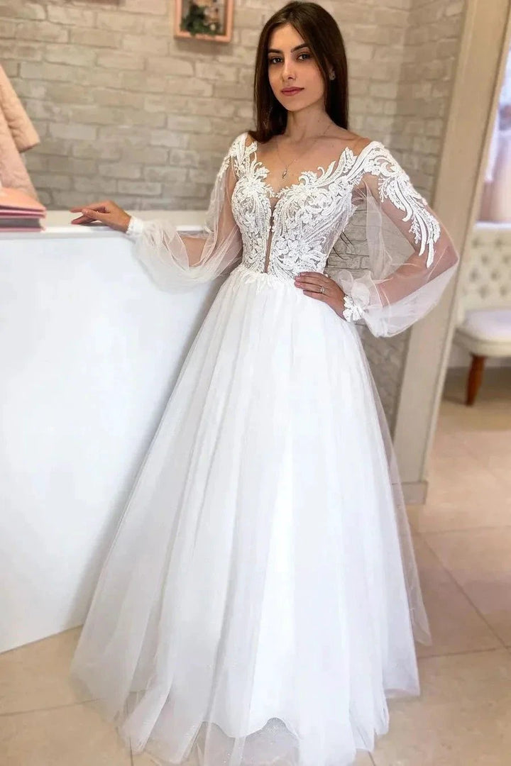 Elegant Long White A-line V-neck Tulle Long Sleeves Wedding Dress With Lace by misshow.com