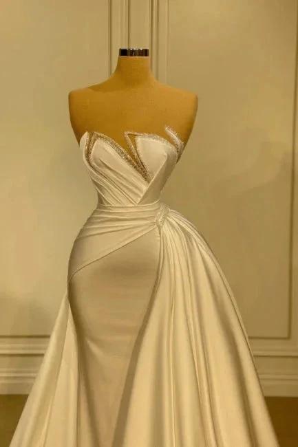 Elegant Long White Glitter Sleeveless Mermaid Wedding Dresses With Lace by misshow.com
