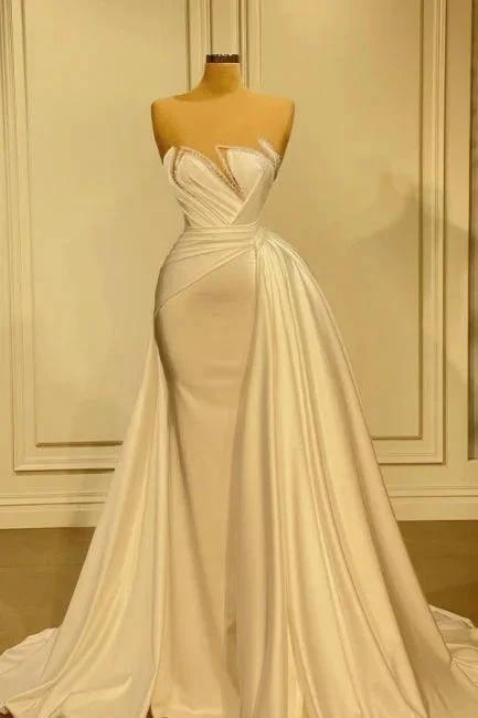 Elegant Long White Glitter Sleeveless Mermaid Wedding Dresses With Lace by misshow.com