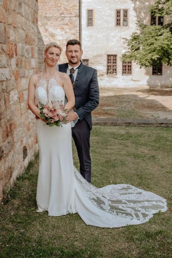 Elegant Long White Mermaid Sleeveless Lace Backless Wedding Dress with Train by misshow.com