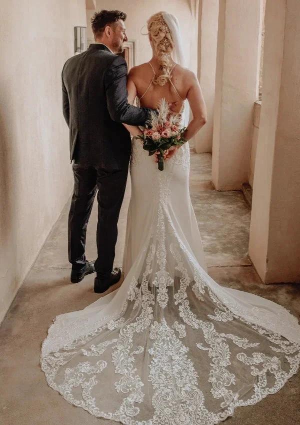 Elegant Long White Mermaid Sleeveless Lace Backless Wedding Dress with Train by misshow.com