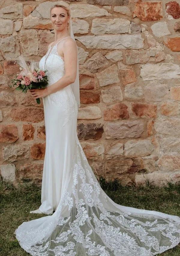 Elegant Long White Mermaid Sleeveless Lace Backless Wedding Dress with Train by misshow.com