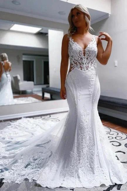 Elegant Long White Mermaid Straps V-neck Backless Wedding Dress with Lace by misshow.com