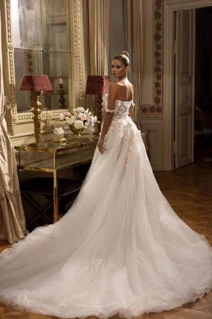 Elegant Long White Off-the-shoulder A-line Lace Wedding Dresses With Slit by misshow.com