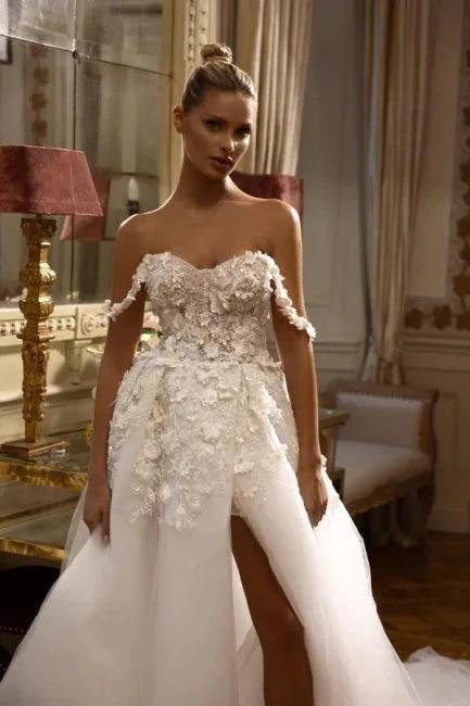 Elegant Long White Off-the-shoulder A-line Lace Wedding Dresses With Slit by misshow.com