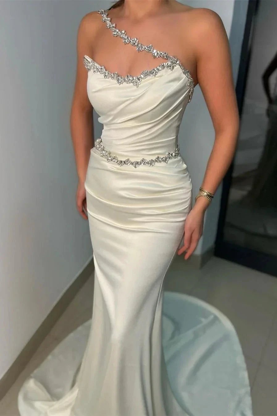 Elegant Long White Strapless Satin Mermaid Sleeveless Prom Dresses With Rhinestone by misshow.com