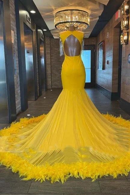 Robe de bal sirène élégante longue jaune sans manches avec perles et pampilles, ornée d&