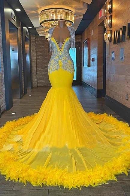 Robe de bal sirène élégante longue jaune sans manches avec perles et pampilles, ornée d&