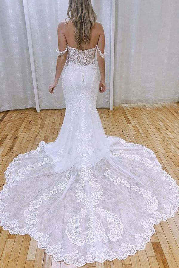 Elegant Mermaid Off the Shoulder Lace Wedding Dresses with Appliques WD527 by pgmdress