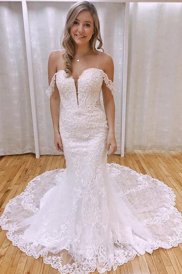 Elegant Mermaid Off the Shoulder Lace Wedding Dresses with Appliques WD527 by pgmdress