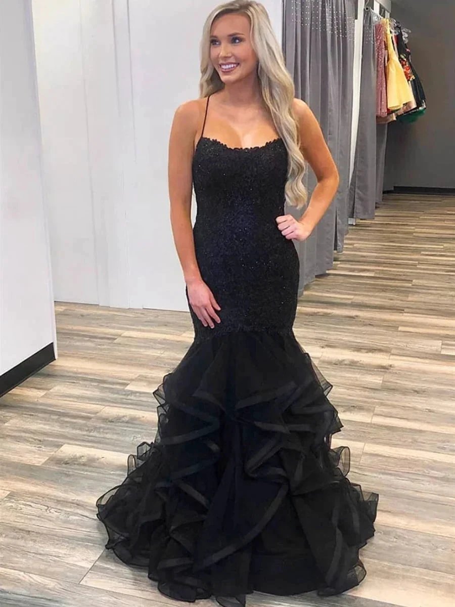 Elegant Mermaid Puffy Black Lace Long Prom Dresses Black Formal Evening Gowns by BIZTUNNEL