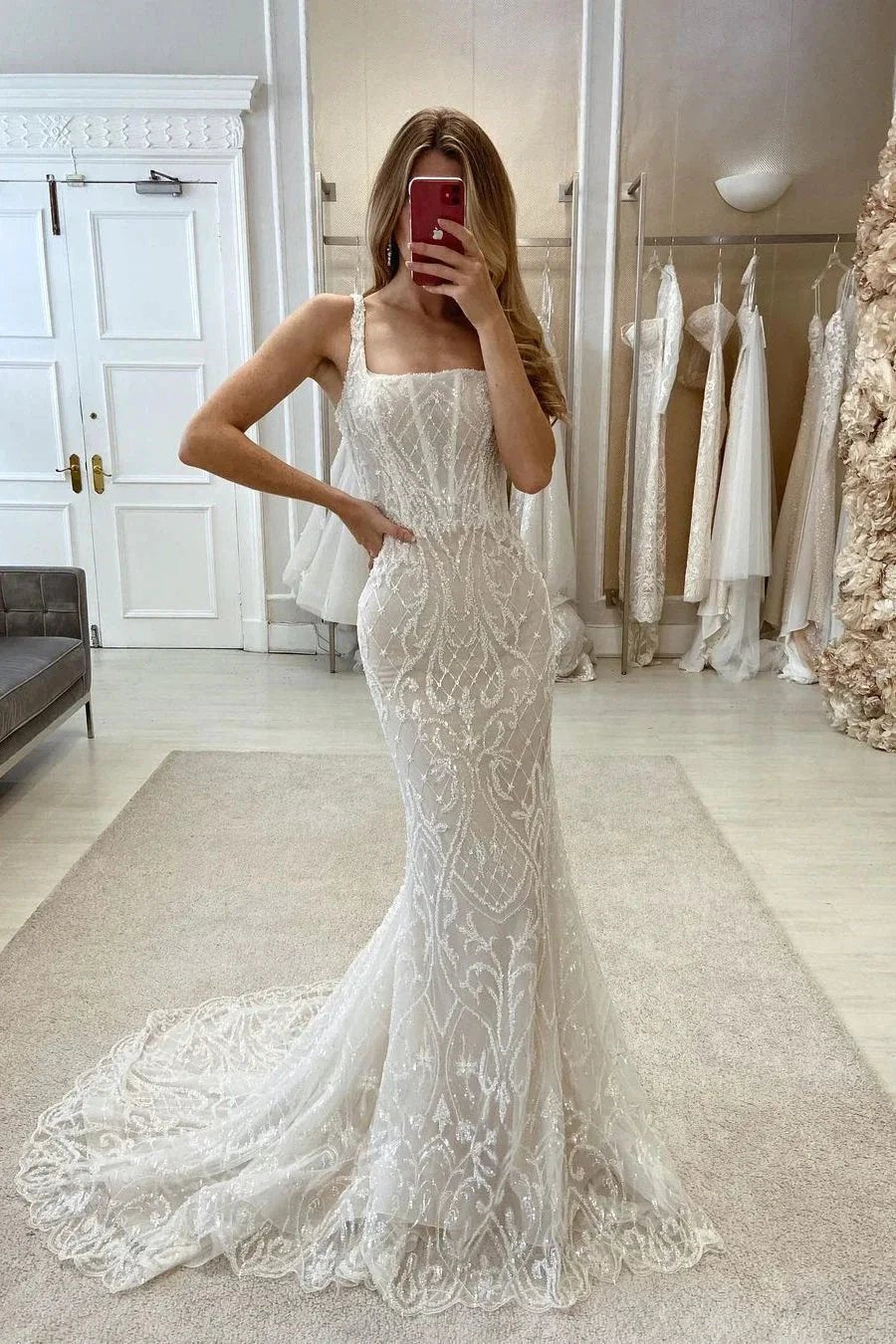 Elegant Mermaid Straps Sleeveless Lace Wedding Dress With Train by misshow.com