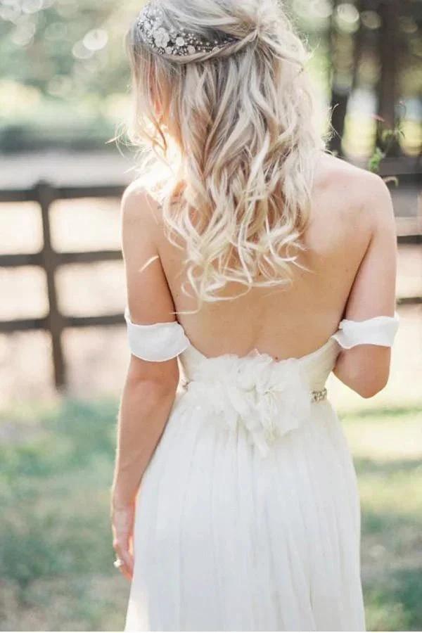 Elegant Off-shoulder Beading Sash Long Chiffon Wedding Dress WD109 by pgmdress