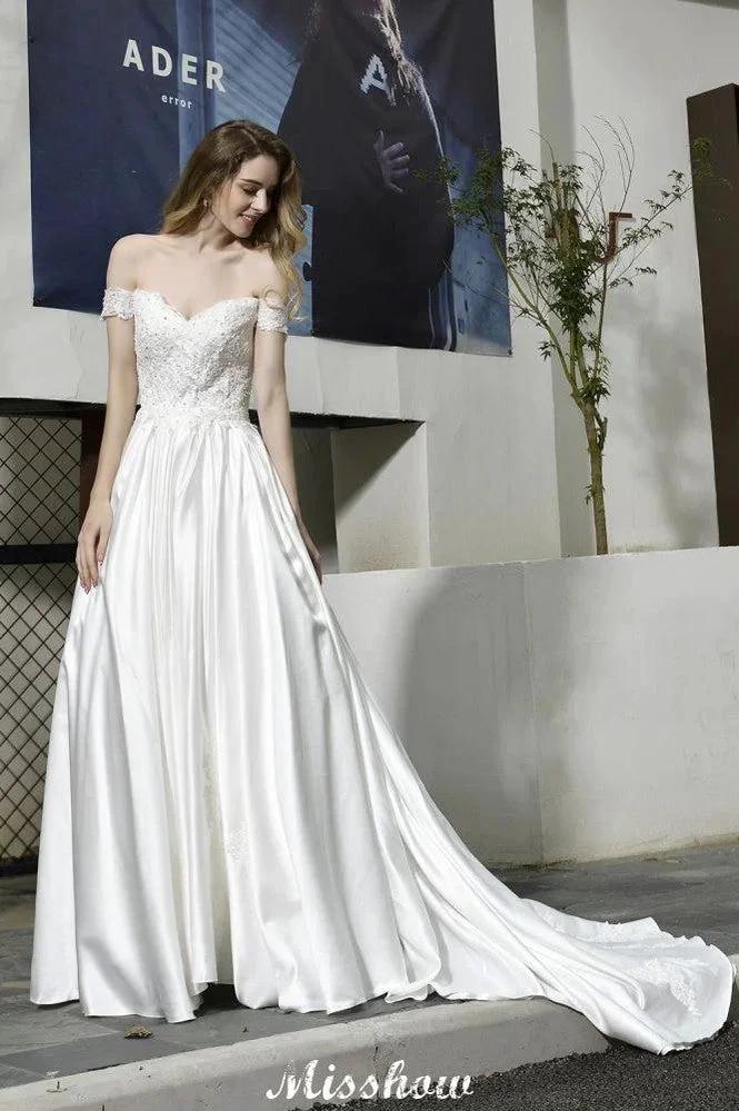 Elegant Off Shoulder Satin Floor Length Bridal Gown Sweetheart Floral Lace Aline Wedding Dress by misshow.com