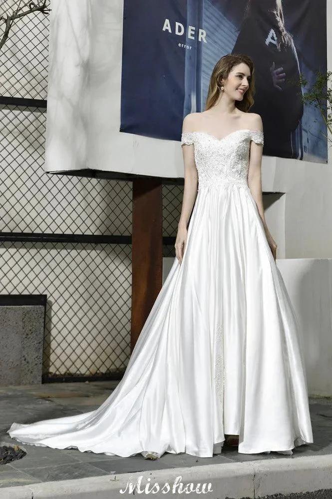 Elegant Off Shoulder Satin Floor Length Bridal Gown Sweetheart Floral Lace Aline Wedding Dress by misshow.com