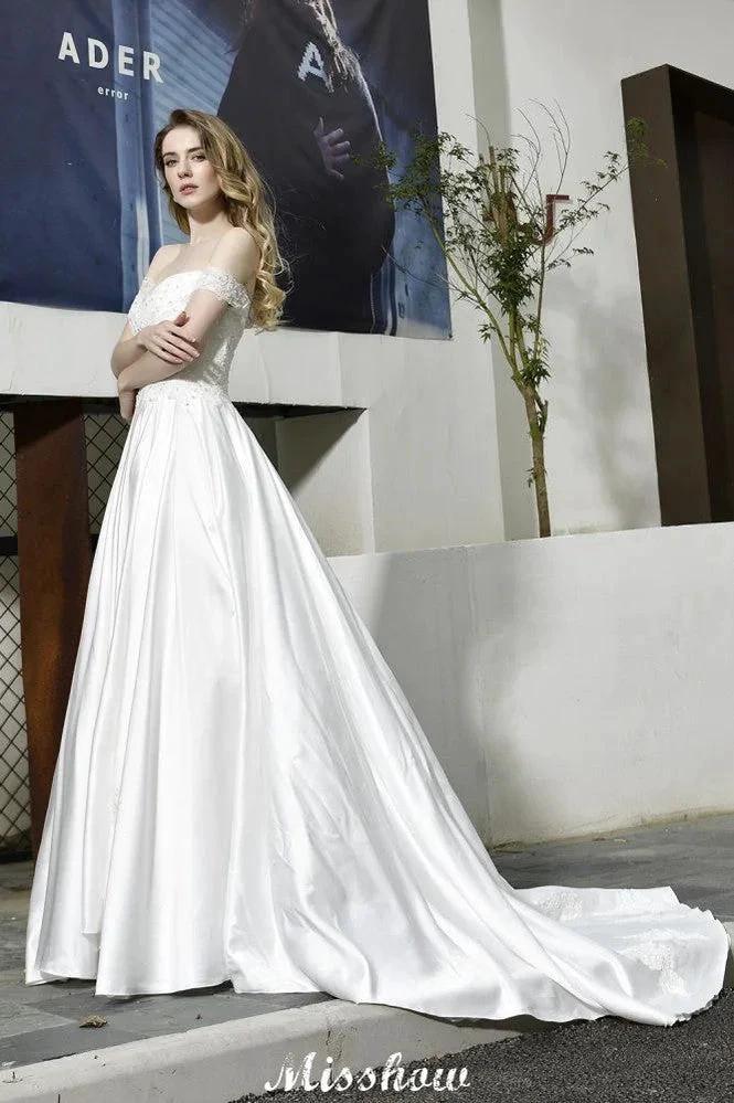 Elegant Off Shoulder Satin Floor Length Bridal Gown Sweetheart Floral Lace Aline Wedding Dress by misshow.com