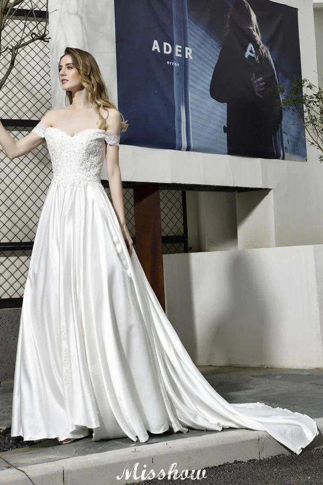 Elegant Off Shoulder Satin Floor Length Bridal Gown Sweetheart Floral Lace Aline Wedding Dress by misshow.com