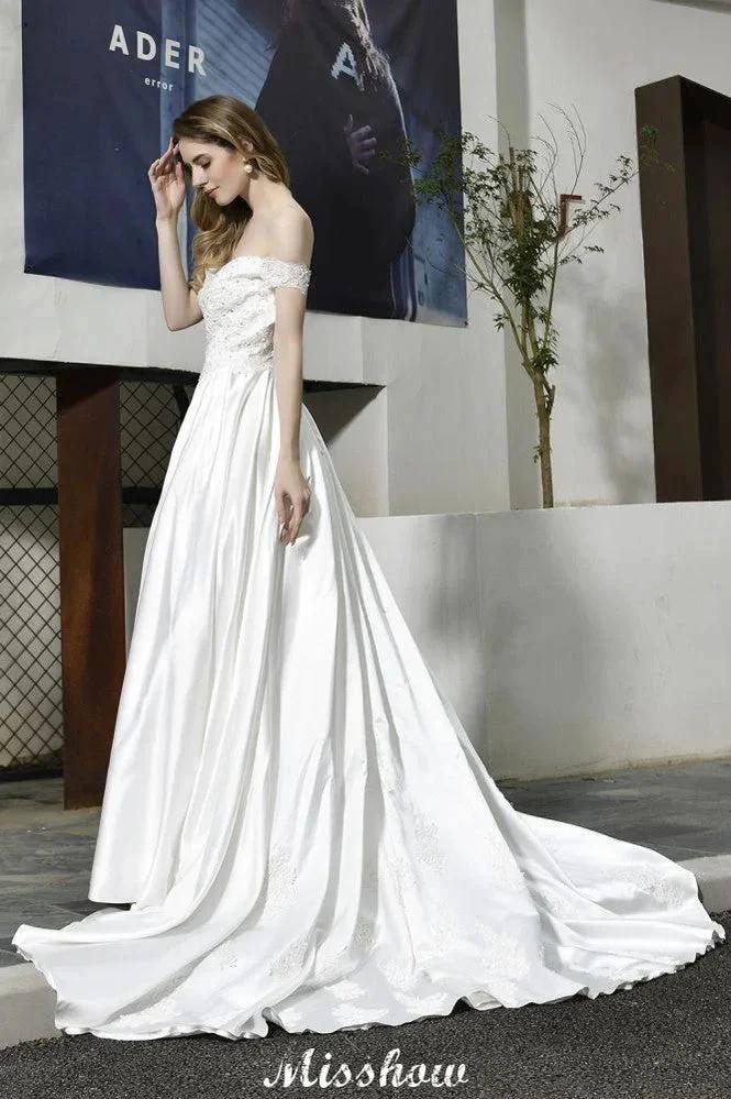 Elegant Off Shoulder Satin Floor Length Bridal Gown Sweetheart Floral Lace Aline Wedding Dress by misshow.com