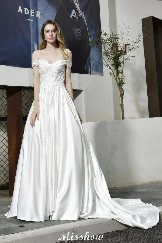 Elegant Off Shoulder Satin Floor Length Bridal Gown Sweetheart Floral Lace Aline Wedding Dress by misshow.com