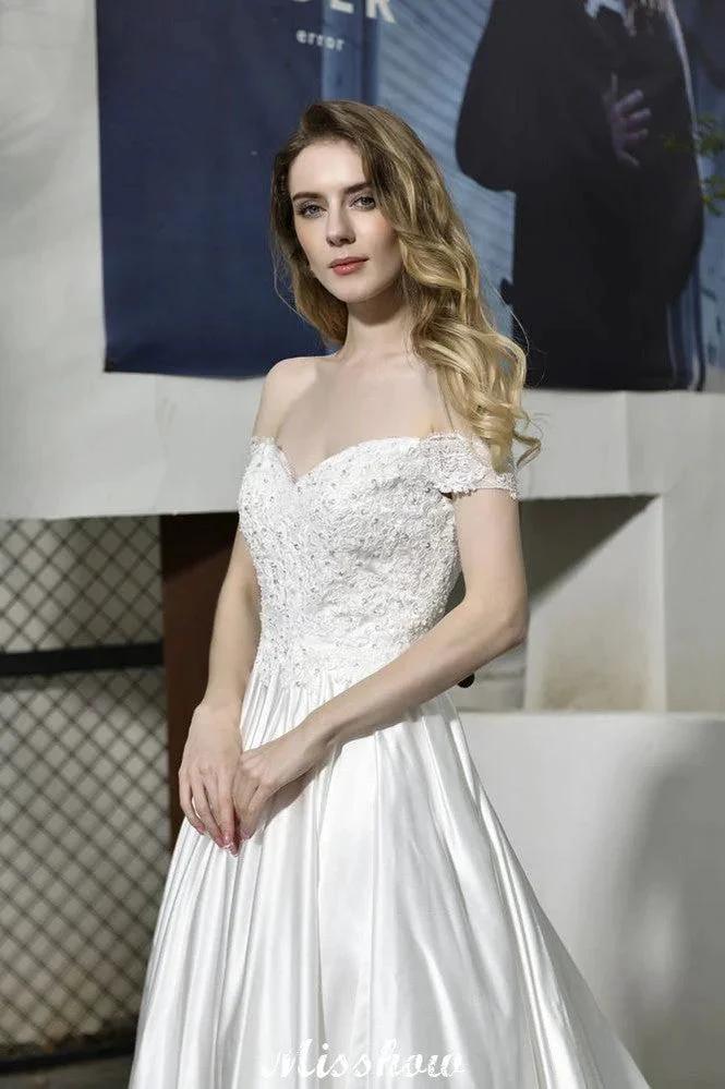 Elegant Off Shoulder Satin Floor Length Bridal Gown Sweetheart Floral Lace Aline Wedding Dress by misshow.com