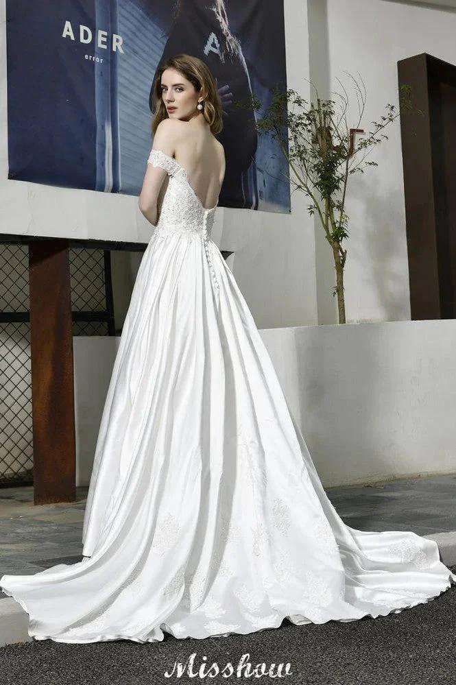 Elegant Off Shoulder Satin Floor Length Bridal Gown Sweetheart Floral Lace Aline Wedding Dress by misshow.com