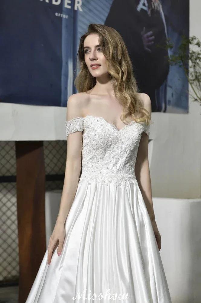 Elegant Off Shoulder Satin Floor Length Bridal Gown Sweetheart Floral Lace Aline Wedding Dress by misshow.com