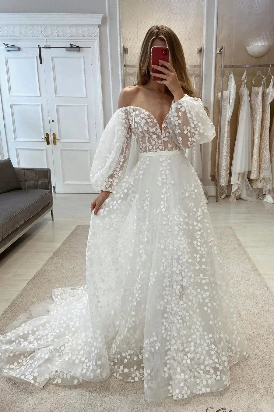 Elegant Off-the-shoulder A-line V-neck Appliques Wedding Dress With Long Sleeves by misshow.com