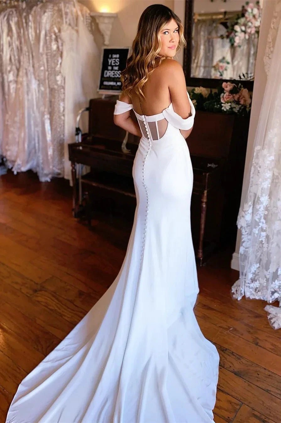 Elegant Off-the-shoulder Mermaid Satin Backless Wedding Dress With Train by misshow.com