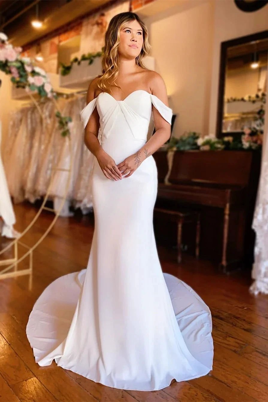 Elegant Off-the-shoulder Mermaid Satin Backless Wedding Dress With Train by misshow.com