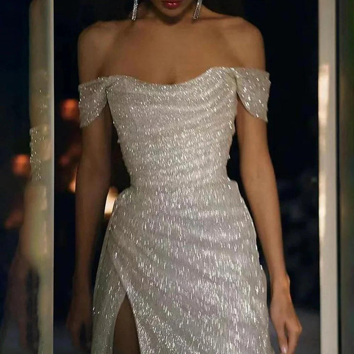 Elegant Off-the-shoulder Sleeveless A-line Sequined Wedding Dress With Slit by misshow.com