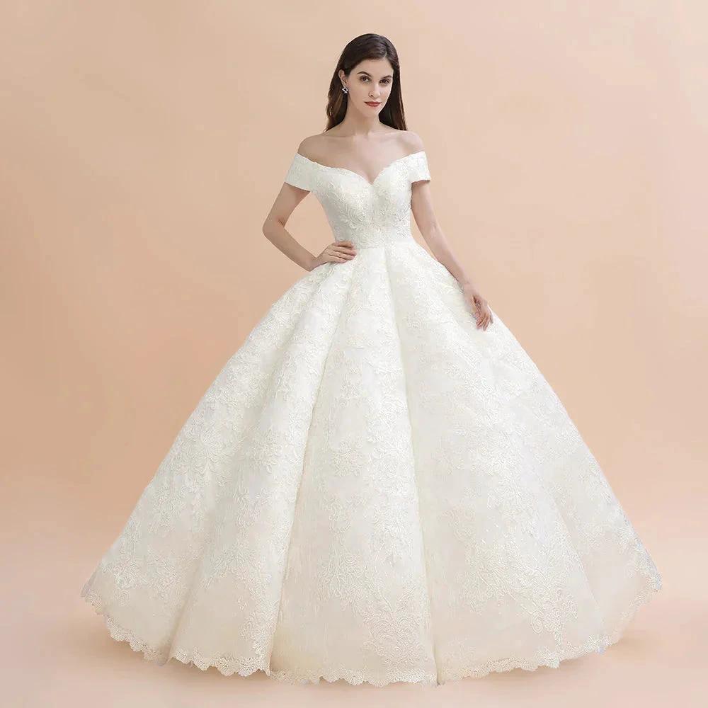 Elegant Off-the-Shoulder White Lace Appliques Bridal Gowns Wedding Dress by misshow.com