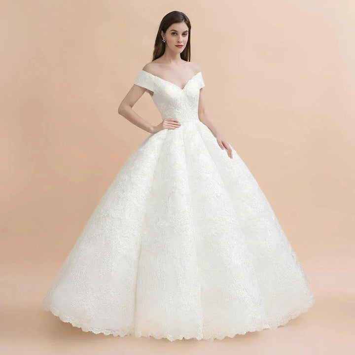 Elegant Off-the-Shoulder White Lace Appliques Bridal Gowns Wedding Dress by misshow.com