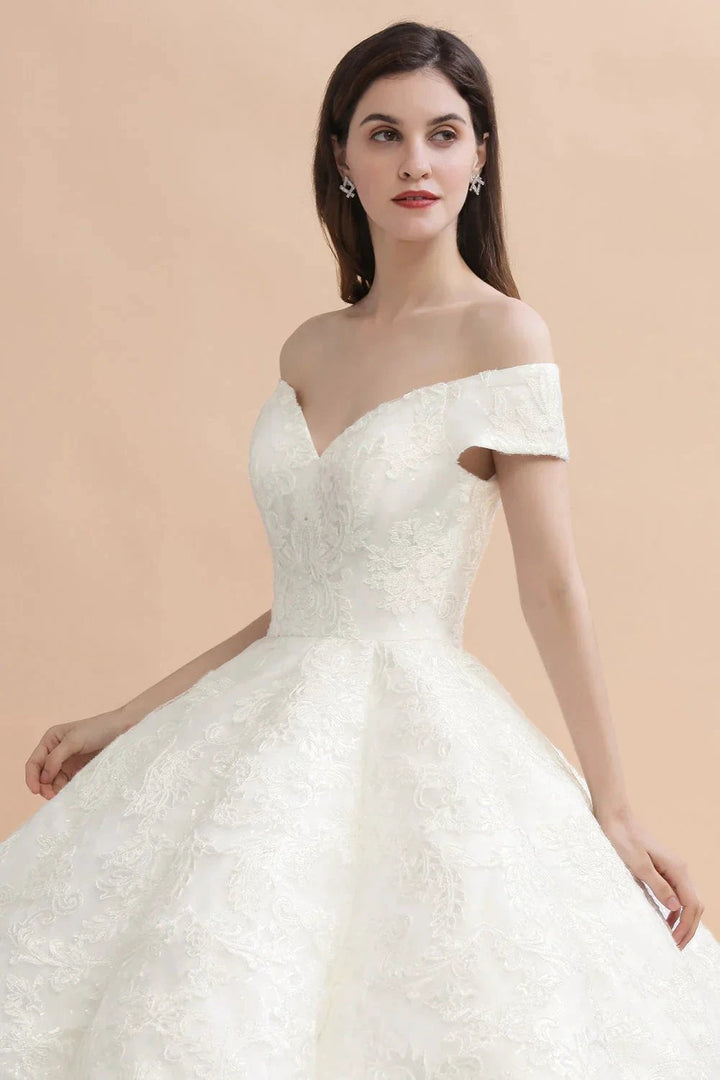 Elegant Off-the-Shoulder White Lace Appliques Bridal Gowns Wedding Dress by misshow.com