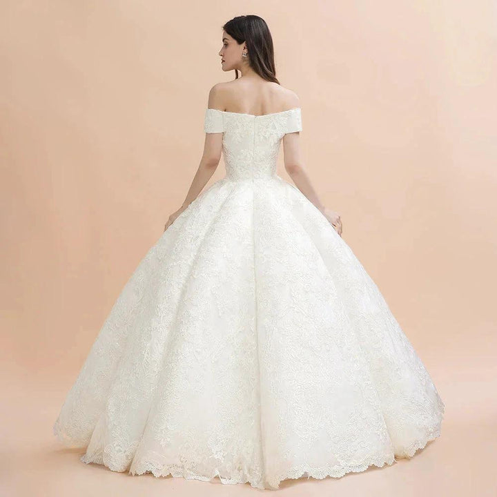 Elegant Off-the-Shoulder White Lace Appliques Bridal Gowns Wedding Dress by misshow.com