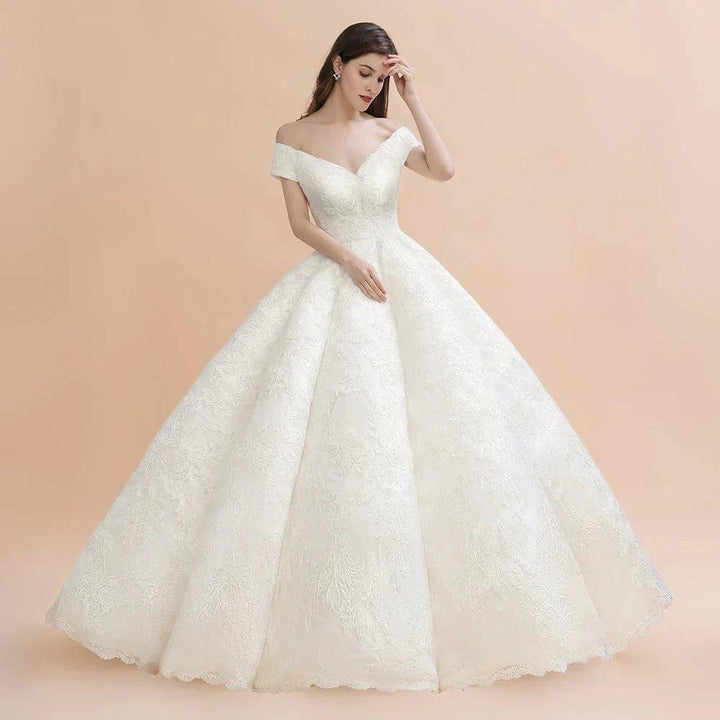 Elegant Off-the-Shoulder White Lace Appliques Bridal Gowns Wedding Dress by misshow.com