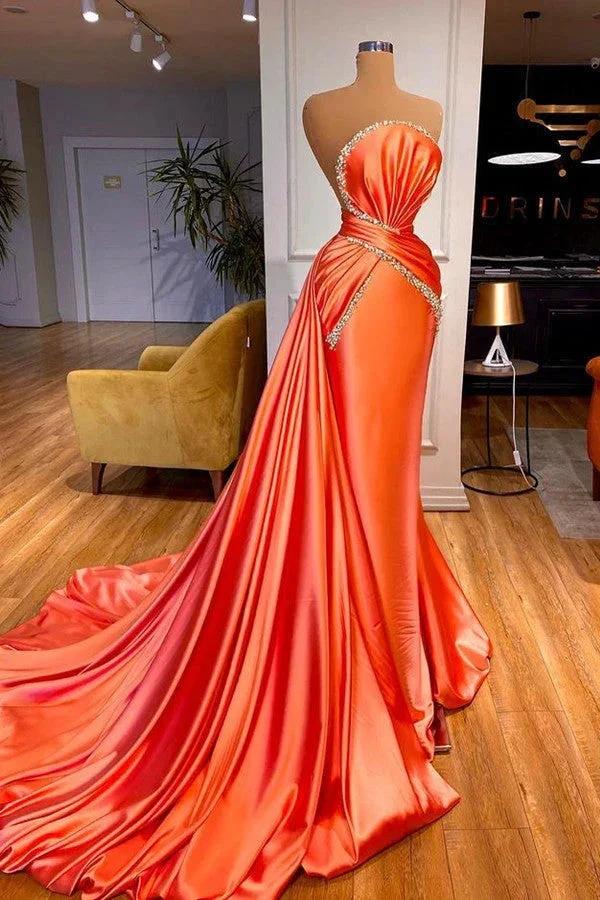 Elegant Orange Crystal Mermaid Prom Dress With Detachable Train by misshow.com