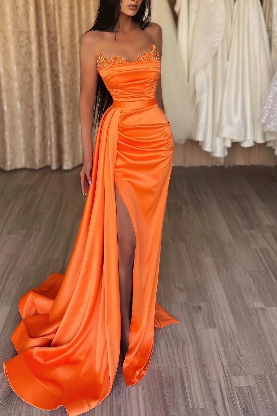 Elegant Orange Sleeveless Split Mermaid Prom Dresses with Ruffles by misshow.com