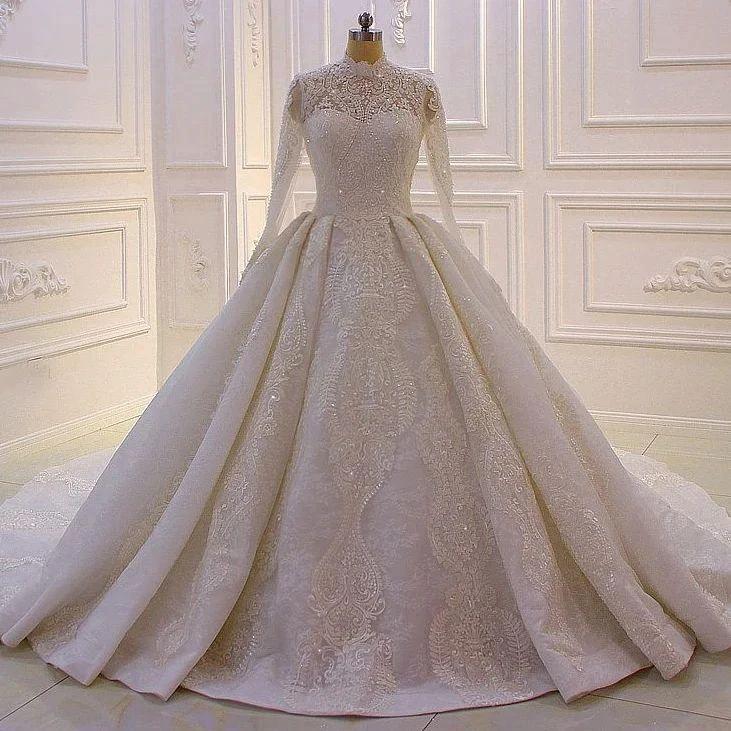 Elegant Princess A-line High Neck Lace Sequined Wedding Dress With Long Sleeves by misshow.com