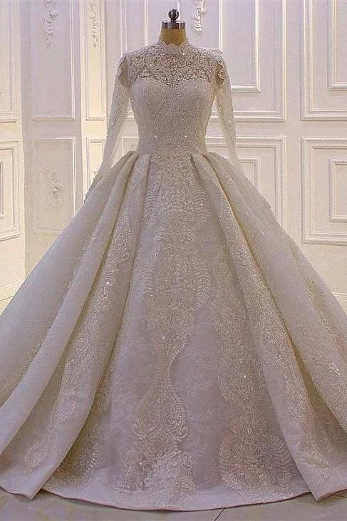 Elegant Princess A-line High Neck Lace Sequined Wedding Dress With Long Sleeves by misshow.com