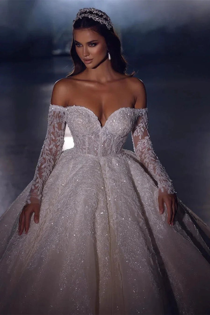 Elegant Princess A-line Off-the-shoulder Lace Appliques Wedding Dress With Long Sleeves by misshow.com