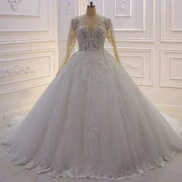 Elegant Princess A-line Tulle V-neck Lace Wedding Dress With Long Sleeves by misshow.com
