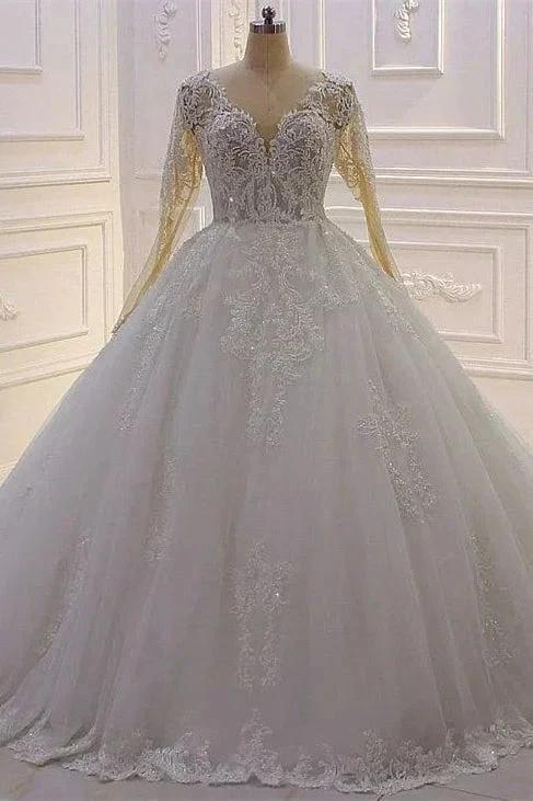 Elegant Princess A-line Tulle V-neck Lace Wedding Dress With Long Sleeves by misshow.com