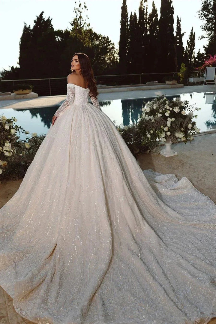 Elegant Princess Off-the-shoulder A-line Ball Gown Wedding Dress With Long Sleeves by misshow.com