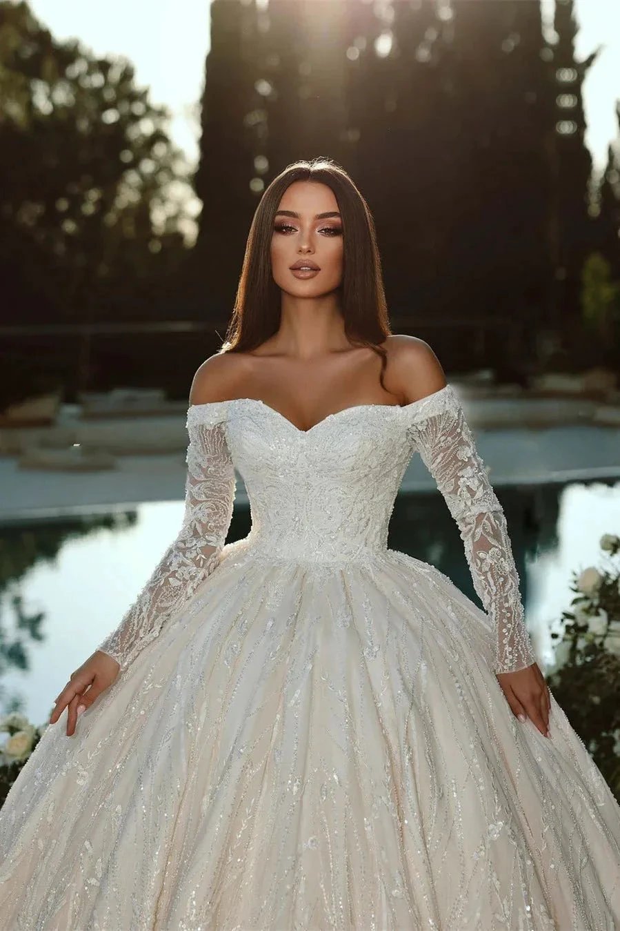 Elegant Princess Off-the-shoulder A-line Ball Gown Wedding Dress With Long Sleeves by misshow.com